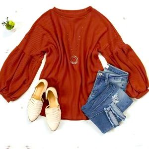 Boatneck Waffle Knit Sweater with Puff Sleeves
